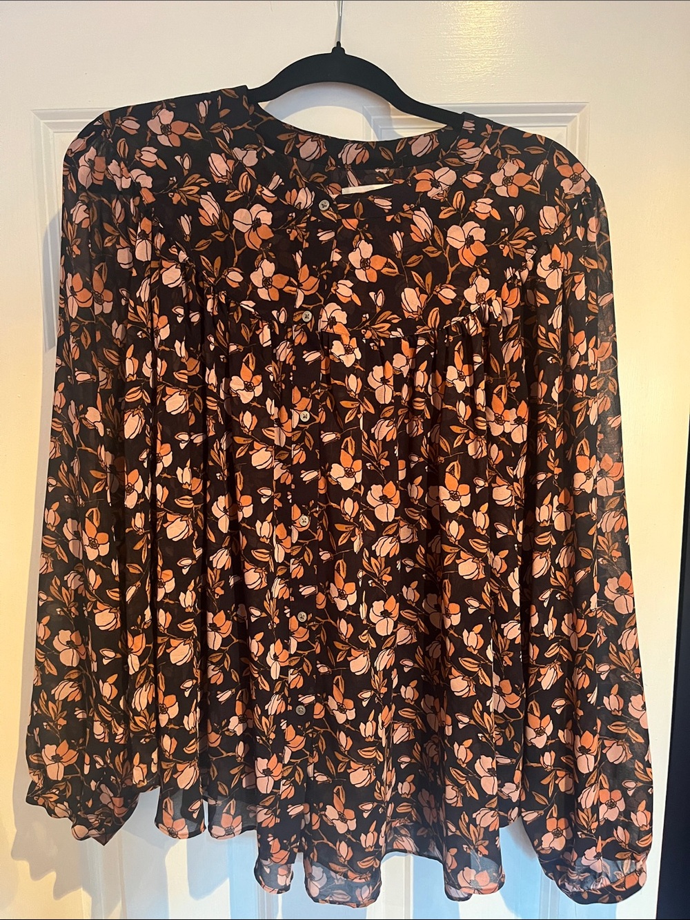 LOFT Black Blouse with Peach Floral Print